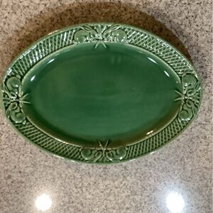 Bordallo Pinheiro Green Ceramic Glossy Oval Platter 15 in Made in Portugal